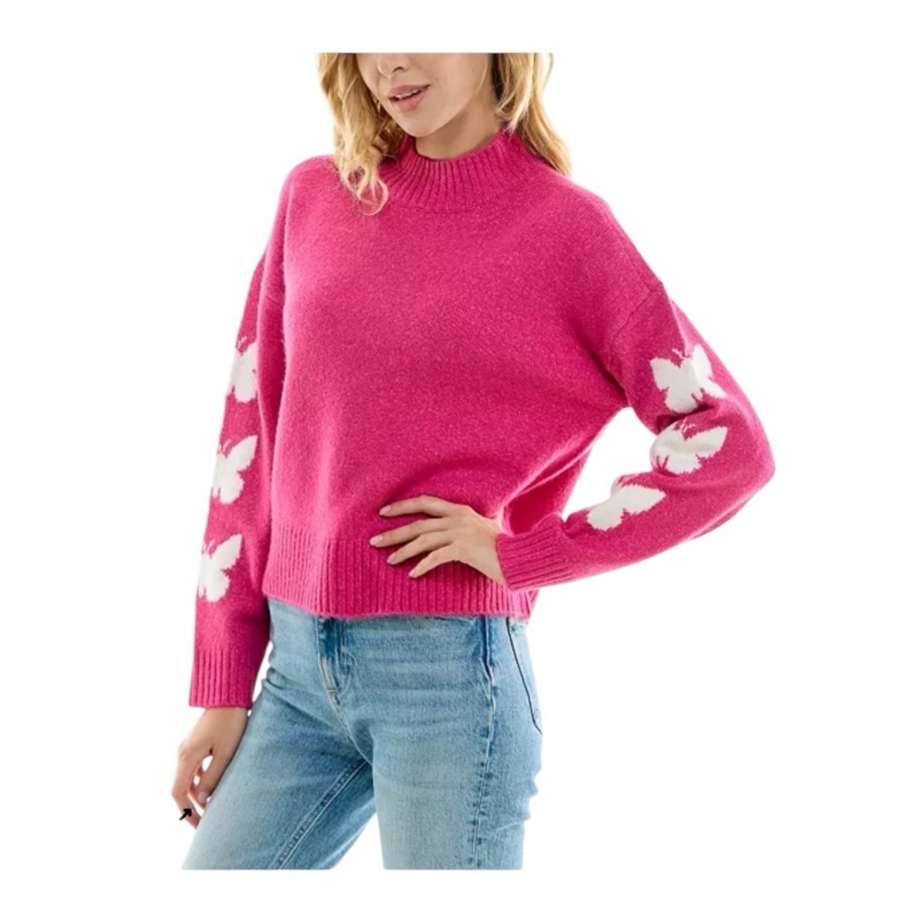 Ultra Flirt Pink Peacock Butterflies Sweater Novelty Mock-Turtleneck Knit M NWT